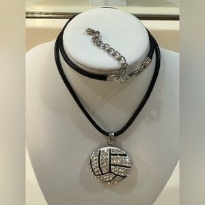 VOLLEYBALL - Black and Silver Tone Rhinestone Volleyball Pendant Necklace 16”L